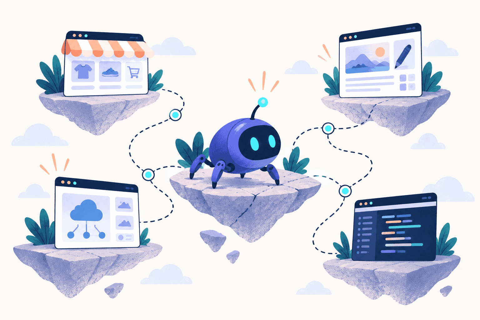 A friendly ReachPlane crawler connecting a storefront, website, and content pages with winding paths